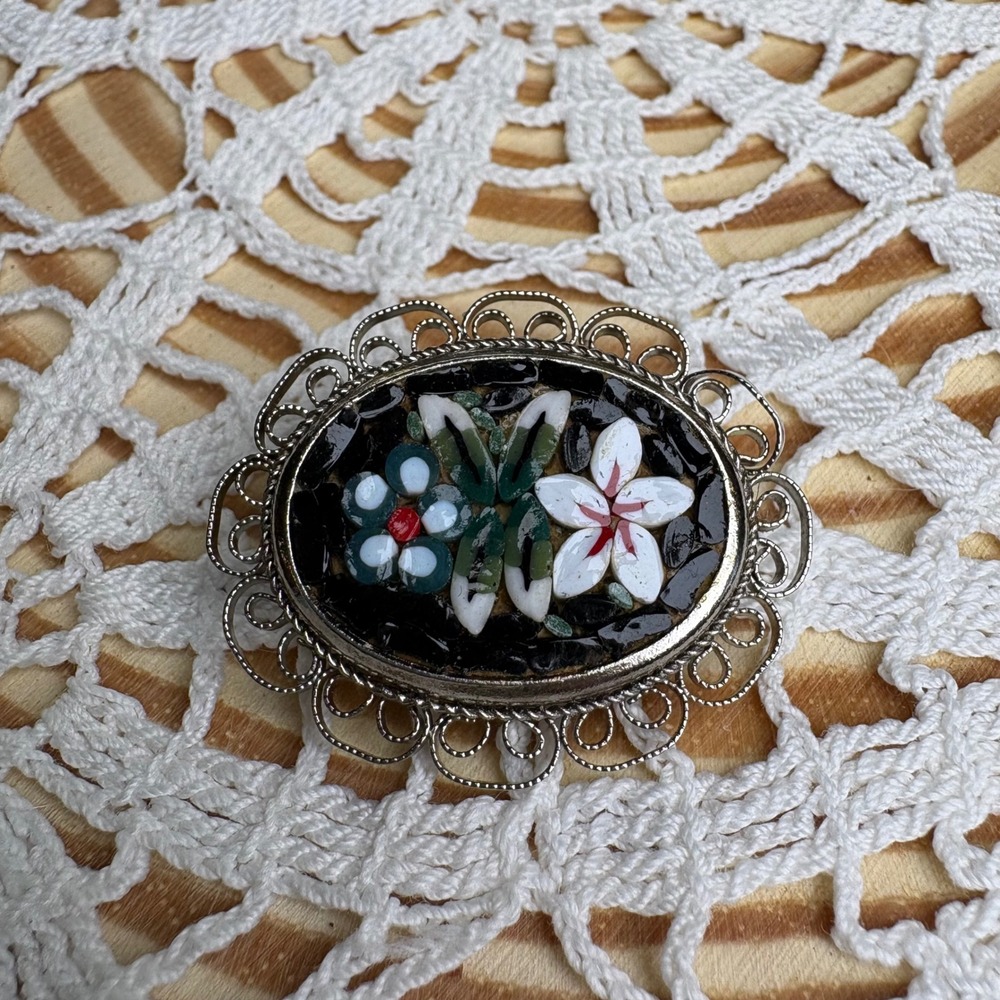 Vintage Unsigned Black Micro Mosaic Brooch Floral Cottagecore Silver Tone